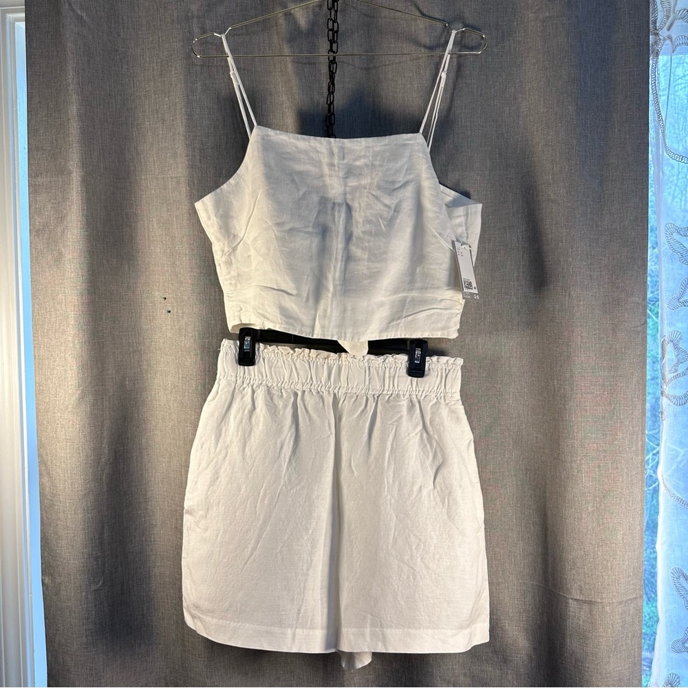 H&M White High Waist Linen Shorts Set